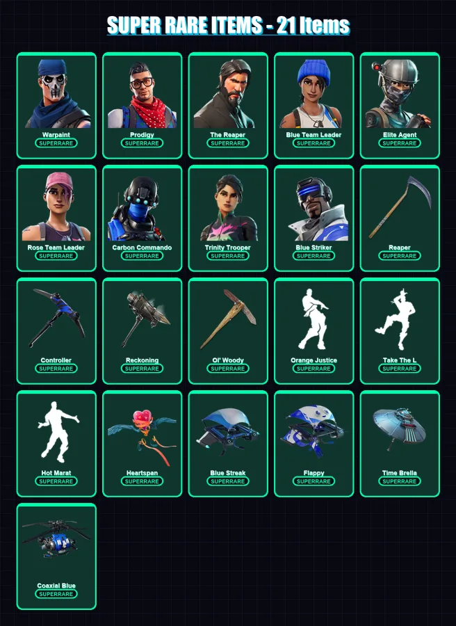 [PS4/PS5/XBOX/PC] | Warpaint | Prodigy | The Reaper | Blue Team Leader | Elite Agent | 93 skin | 75 pickaxe | 77 emote | 83 glider | Lv1001