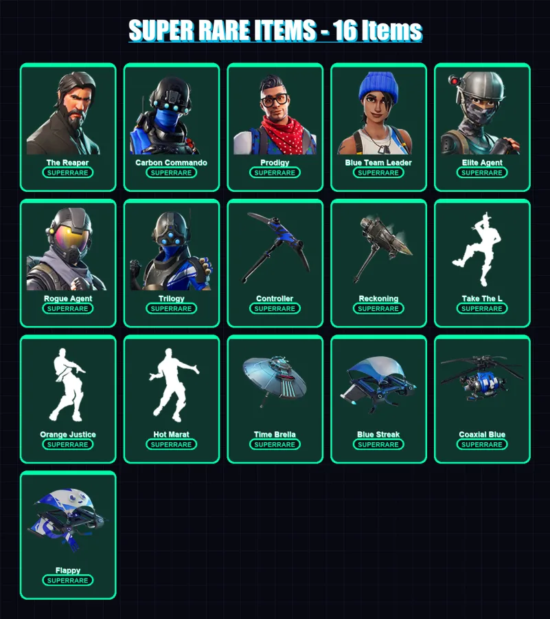 [PC/XBOX/PSN] | The Reaper | Carbon Commando | Prodigy | Blue Team Leader | Elite Agent | 78 skin | 58 pickaxe | 84 emote | 55 glider | Lv768