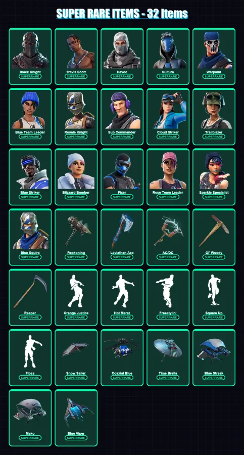 [PC/XBOX] | Black Knight | Travis Scott | Havoc | Sultura | Warpaint | 229 skin | 283 pickaxe | 231 emote | 234 glider | Lv3572