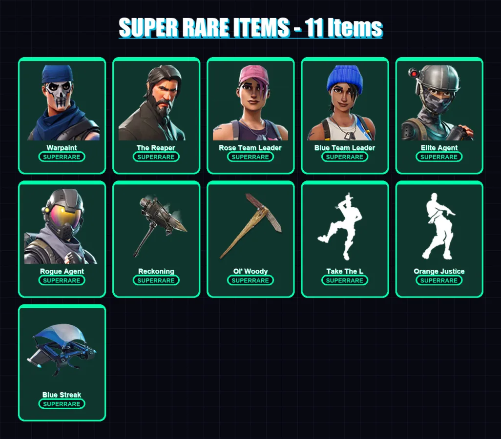 [PS4/PS5/XBOX/PC] | Warpaint | The Reaper | Rose Team Leader | Blue Team Leader | Elite Agent | 42 skin | 34 pickaxe | 43 emote | 38 glider | Lv630