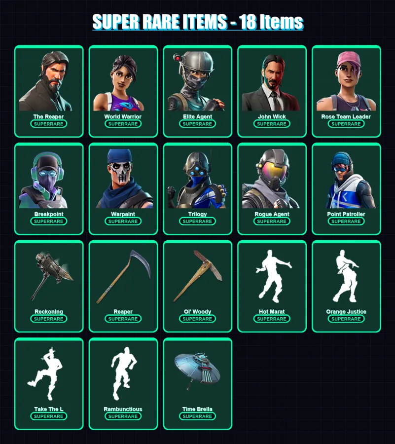 [PC] | The Reaper | World Warrior | Elite Agent | John Wick | Rose Team Leader | 310 skin | 298 pickaxe | 259 emote | 197 glider | Lv3319