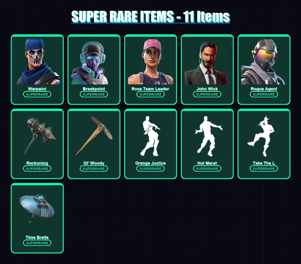 [PC/XBOX/PSN] | Warpaint | Breakpoint | Rose Team Leader | John Wick | Rogue Agent | 354 skin | 314 pickaxe | 274 emote | 244 glider | Lv3077