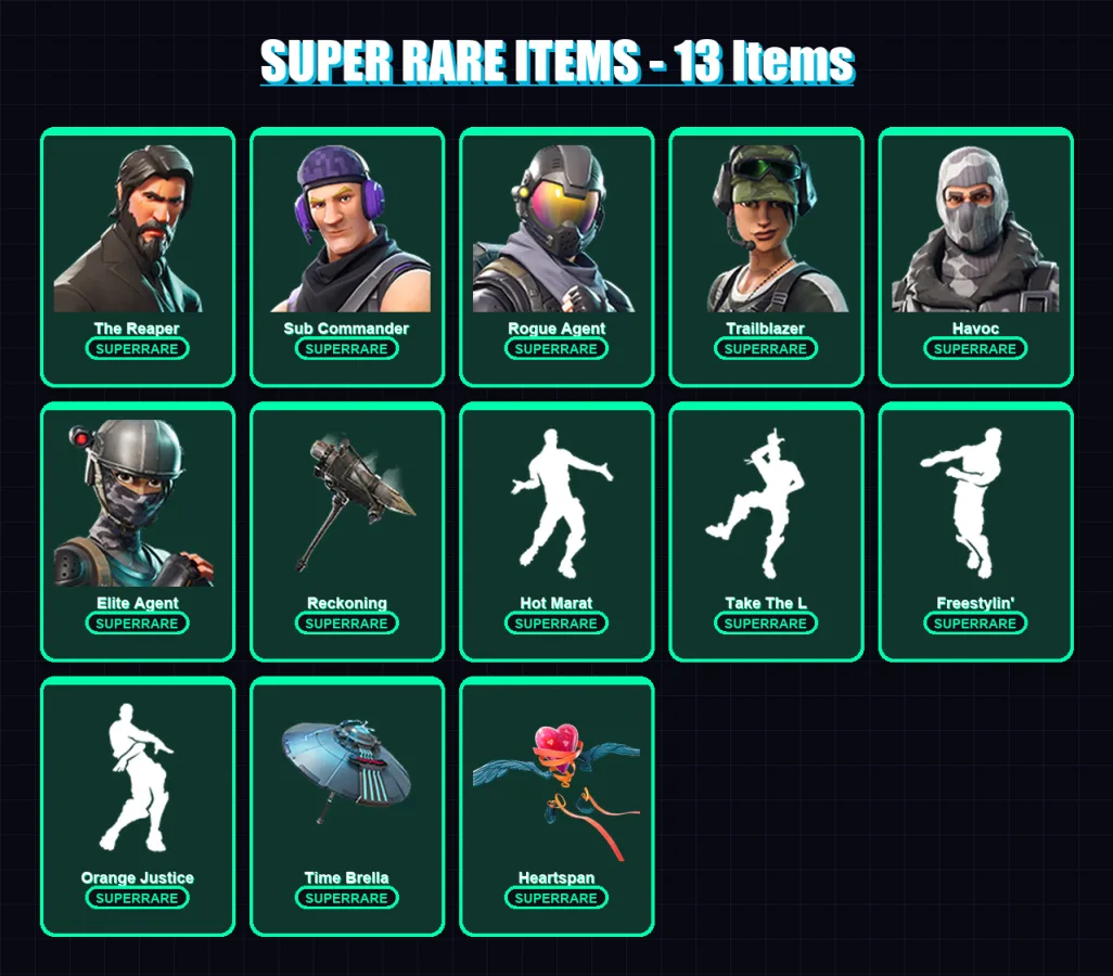[PS4/PS5/XBOX/PC] | The Reaper | Sub Commander | Rogue Agent | Trailblazer | Havoc | 109 skin | 77 pickaxe | 85 emote | 73 glider | Lv816