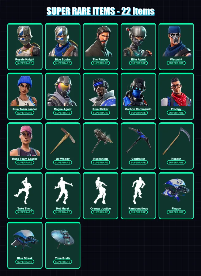 [PS4/PS5/XBOX/PC] | Royale Knight | Blue Squire | The Reaper | Elite Agent | Warpaint | 106 skin | 133 pickaxe | 125 emote | 145 glider | Lv2500 — Fortnite account