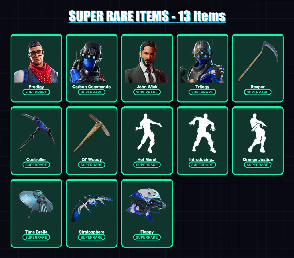 [PS4/PS5/XBOX/PC] | Prodigy | Carbon Commando | John Wick | Trilogy | Ultima Knight | 194 skin | 200 pickaxe | 169 emote | 149 glider | Lv1997