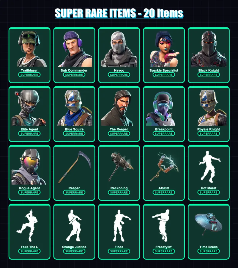 [PC/PSN] | Trailblazer | Sub Commander | Havoc | Sparkle Specialist | Black Knight | 109 skin | 56 pickaxe | 90 emote | 57 glider | Lv990