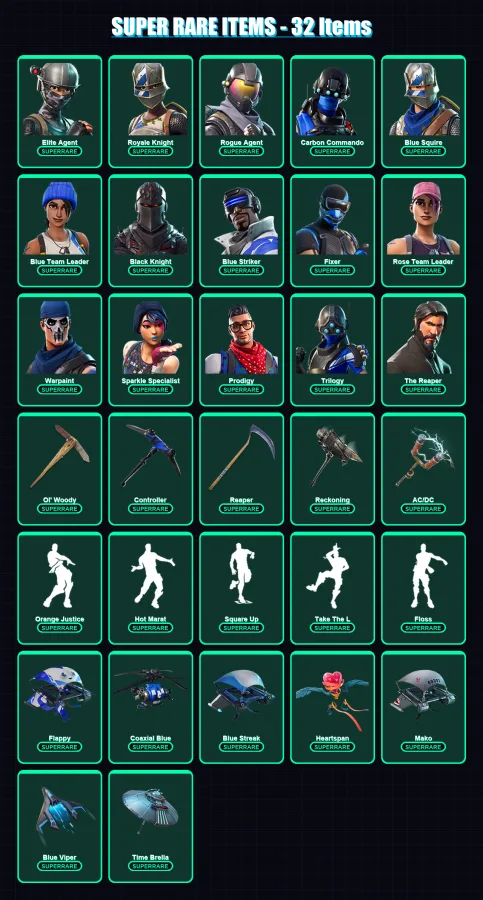 [PC/XBOX] | Elite Agent | Royale Knight | Rogue Agent | Carbon Commando | Blue Squire | 110 skin | 118 pickaxe | 106 emote | 117 glider | Lv1802
