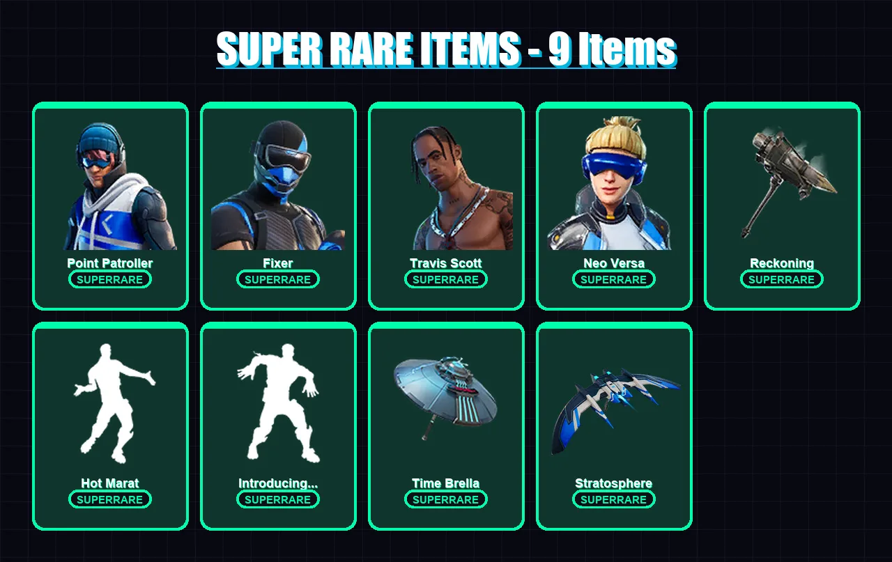 [PS4/PS5/XBOX/PC] | Point Patroller | Fixer | Travis Scott | Neo Versa | Ruin | 45 skin | 45 pickaxe | 60 emote | 51 glider | Lv846