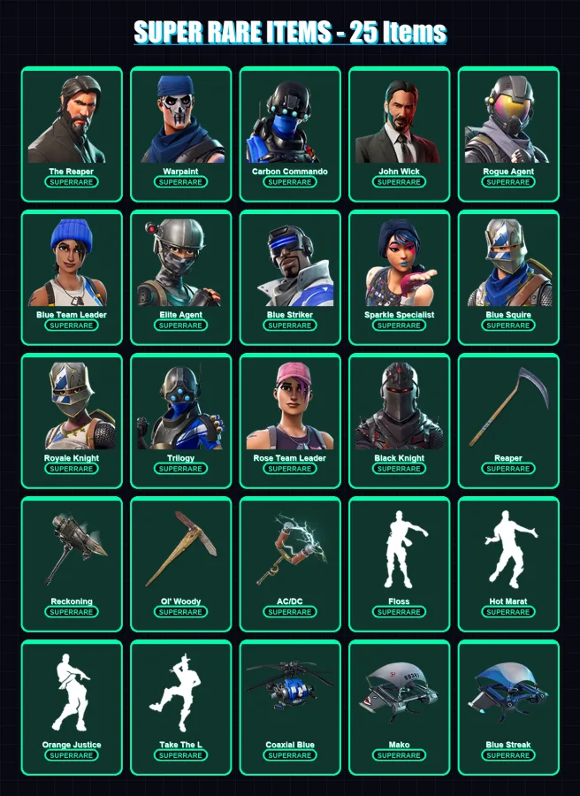 [PS4/PS5/XBOX/PC] | The Reaper | Warpaint | Carbon Commando | John Wick | Rogue Agent | 85 skin | 59 pickaxe | 74 emote | 65 glider | Lv1031