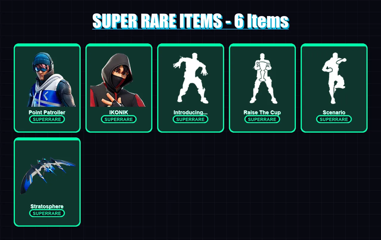 [PS4/PS5/XBOX/PC] | Point Patroller | IKONIK | Era | Vendetta | Mizuki | 57 skin | 85 pickaxe | 69 emote | 80 glider | Lv1024