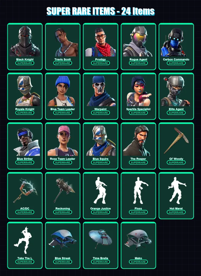[PC/XBOX] | Black Knight | Travis Scott | Prodigy | Rogue Agent | Carbon Commando | 122 skin | 88 pickaxe | 113 emote | 103 glider | Lv1110