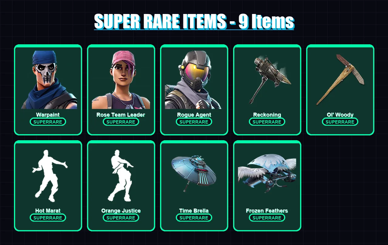 [PC/XBOX/PSN] | Warpaint | Rose Team Leader | Rogue Agent | Hybrid | Blackheart | 74 skin | 80 pickaxe | 102 emote | 91 glider | Lv1252