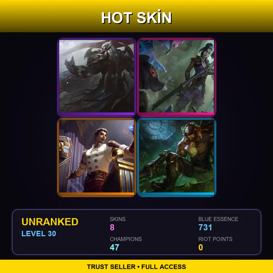 EUW | Lv30 | Unranked | 8 Skin | 47 Champ — LoL account