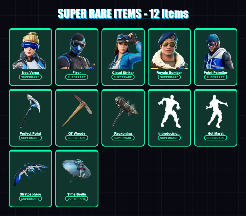 [PS4/PS5/XBOX/PC] | Neo Versa | Fixer | Cloud Striker | Royale Bomber | Point Patroller | 82 skin | 117 pickaxe | 114 emote | 105 glider | Lv1768