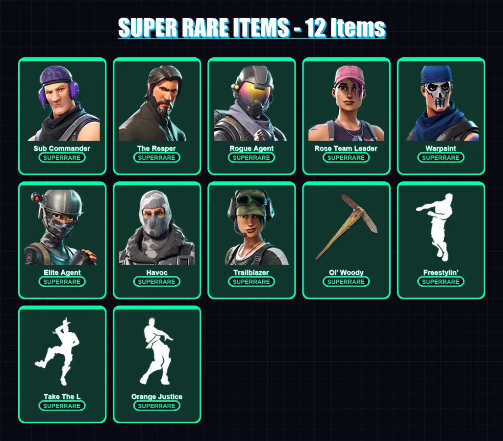 [PC/XBOX/PSN] | Sub Commander | The Reaper | Rogue Agent | Rose Team Leader | Warpaint | 29 skin | 17 pickaxe | 23 emote | 21 glider | Lv251