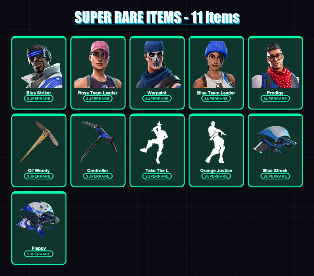 [PS4/PS5/XBOX/PC] | Blue Striker | Rose Team Leader | Warpaint | Blue Team Leader | Prodigy | 94 skin | 87 pickaxe | 93 emote | 87 glider | Lv1354
