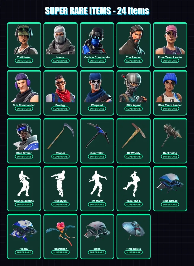 [PS4/PS5/XBOX/PC] | Trailblazer | Havoc | Carbon Commando | The Reaper | Rose Team Leader | 118 skin | 88 pickaxe | 103 emote | 91 glider | Lv1114