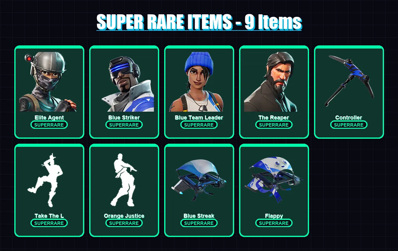 [PS4/PS5/XBOX/PC] | Elite Agent | Blue Striker | Blue Team Leader | The Reaper | Omega | 27 skin | 16 pickaxe | 23 emote | 19 glider | Lv290