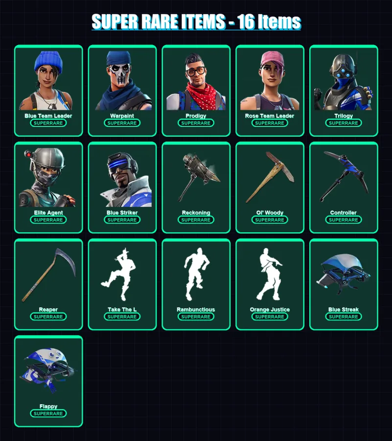 [PC/XBOX/PSN] | Blue Team Leader | Warpaint | Prodigy | Rose Team Leader | Trilogy | 56 skin | 29 pickaxe | 36 emote | 40 glider | Lv316