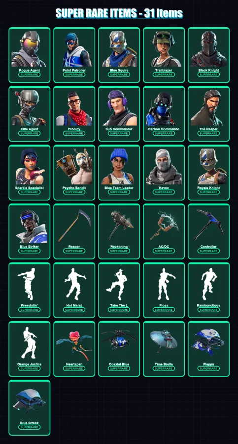 [PC/XBOX] | Rogue Agent | Point Patroller | Blue Squire | Trailblazer | Black Knight | 173 skin | 94 pickaxe | 108 emote | 90 glider | Lv1263