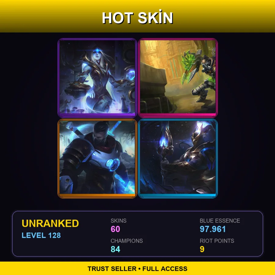 VN | Cosmic Queen Ashe | Hextech Singed | Pulsefire Shen | Cosmic Defender Xin Zhao | 60 Skin | 84 Champ | Lv128