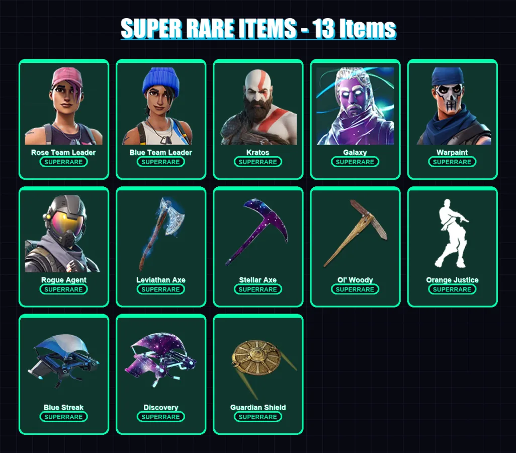 [PC/XBOX] | Rose Team Leader | Blue Team Leader | Kratos | Galaxy | Warpaint | 63 skin | 49 pickaxe | 37 emote | 53 glider | Lv735
