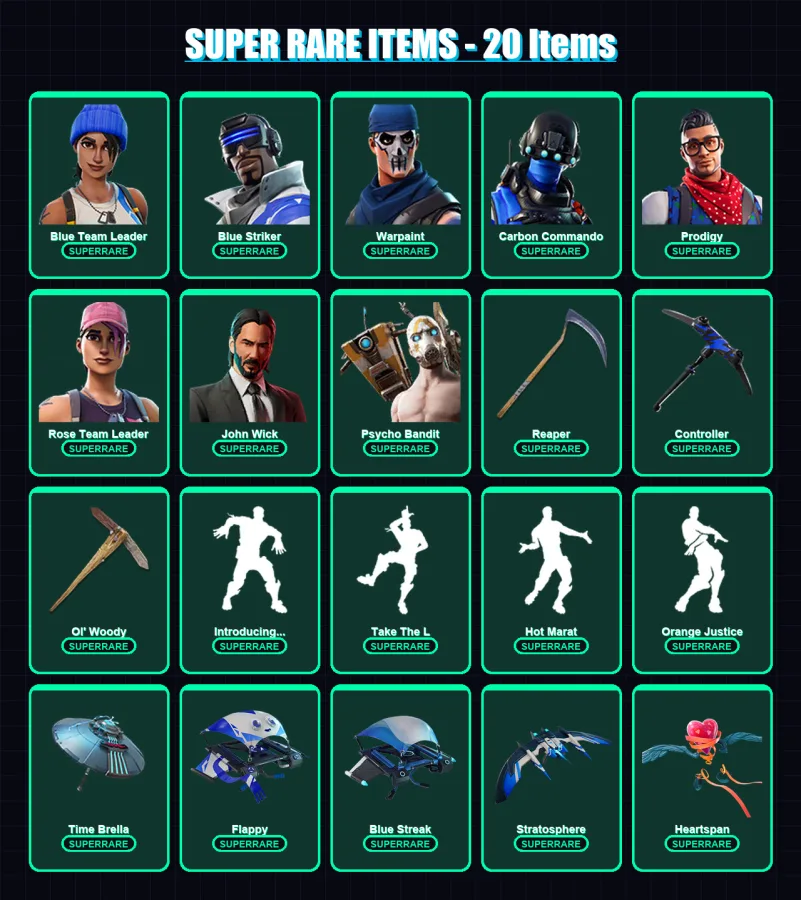 [PC/XBOX/PSN] | Blue Team Leader | Blue Striker | Warpaint | Carbon Commando | Prodigy | 100 skin | 107 pickaxe | 129 emote | 109 glider | Lv1794