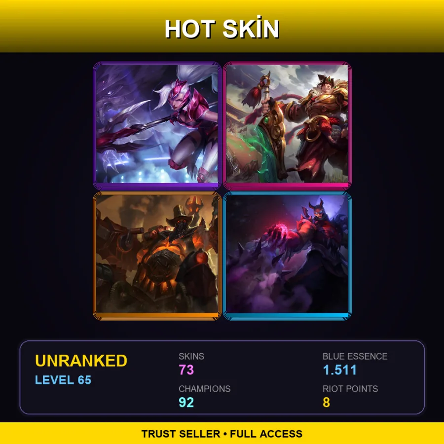 EUW | Lv65 | Unranked | 73 Skin | 92 Champ — LoL account