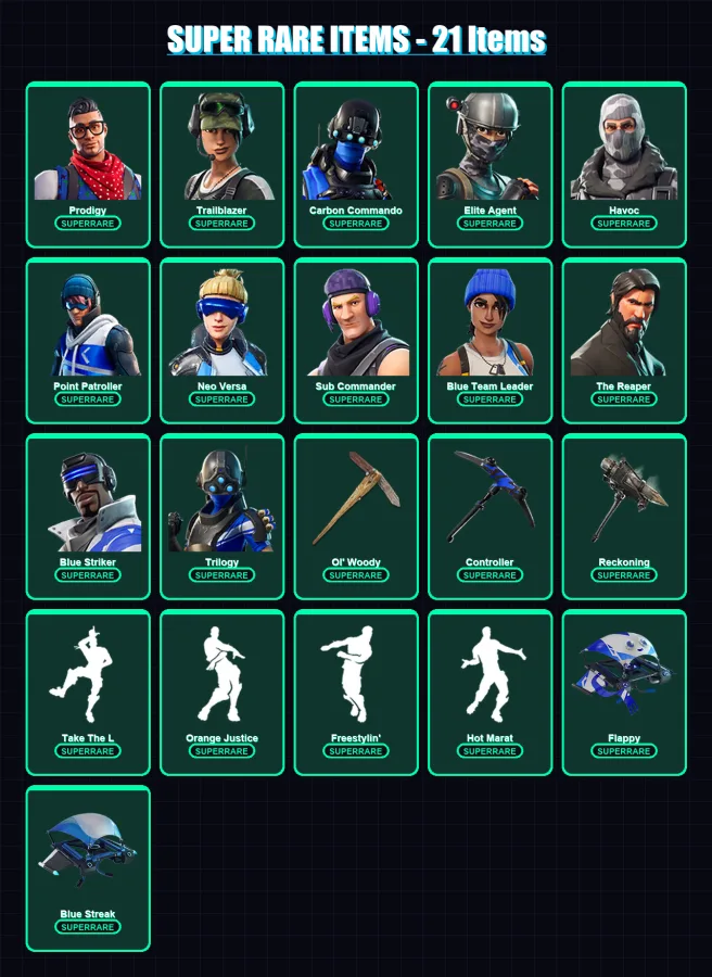 [PC] | Prodigy | Trailblazer | Carbon Commando | Elite Agent | Havoc | 73 skin | 69 pickaxe | 58 emote | 67 glider | Lv901