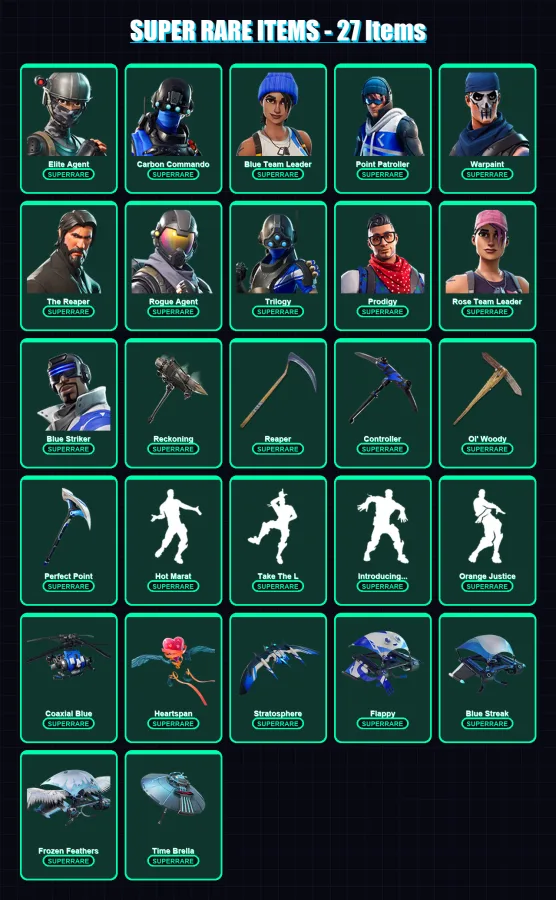 [PC/XBOX] | Elite Agent | Carbon Commando | Blue Team Leader | Point Patroller | Warpaint | 164 skin | 163 pickaxe | 146 emote | 135 glider | Lv2173