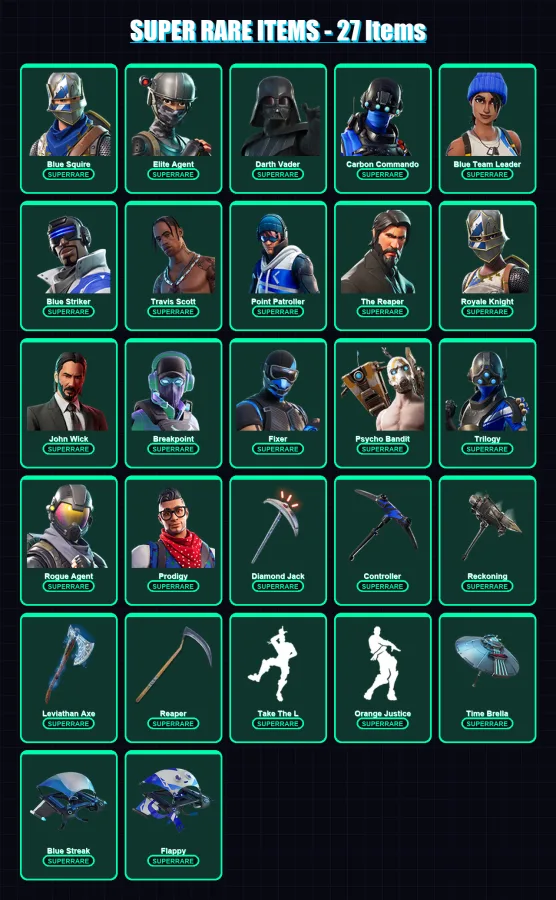 [PS4/PS5/PC] | Blue Squire | Elite Agent | Darth Vader | Carbon Commando | Blue Team Leader | 381 skin | 262 pickaxe | 187 emote | 190 glider | Lv36