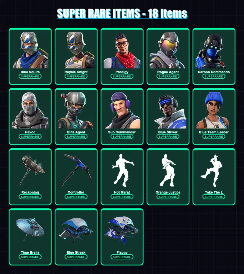 [PS4/PS5/XBOX/PC] | Blue Squire | Royale Knight | Prodigy | Rogue Agent | Carbon Commando | 81 skin | 136 pickaxe | 101 emote | 122 glider | Lv1650
