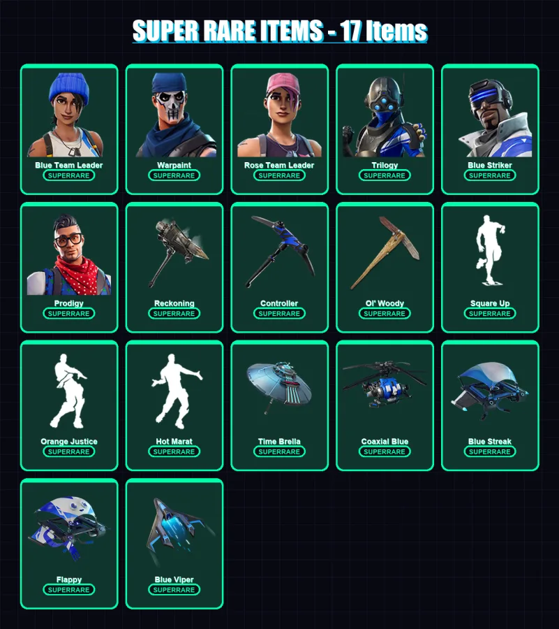 [PS4/PS5/XBOX/PC] | Blue Team Leader | Warpaint | Rose Team Leader | Trilogy | Blue Striker | 62 skin | 102 pickaxe | 88 emote | 107 glider | Lv1337