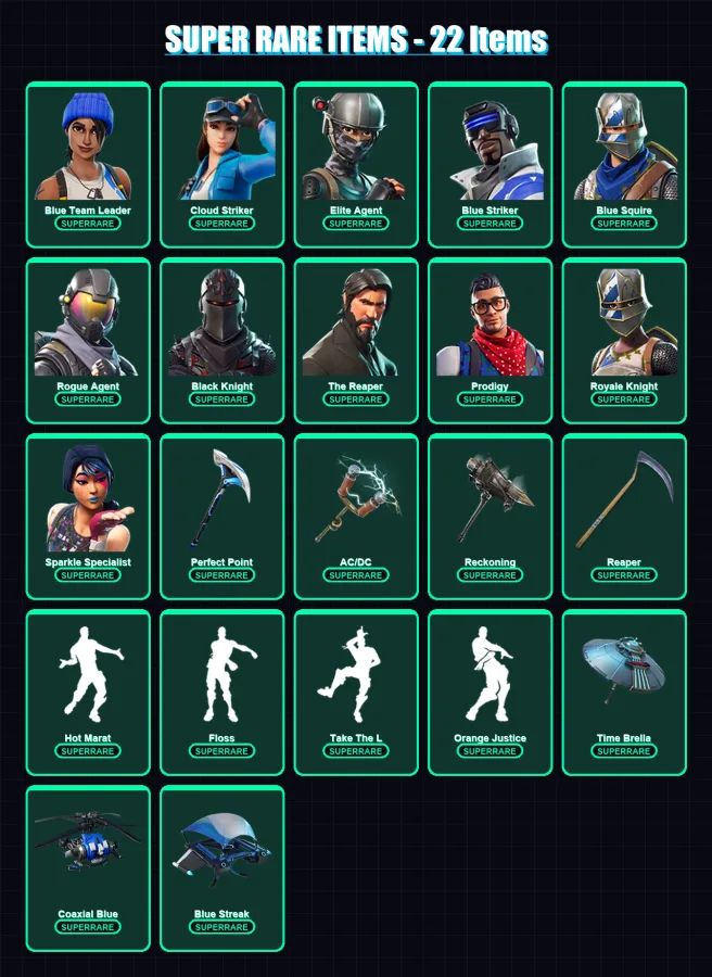 [PC/XBOX/PSN] | Blue Team Leader | Cloud Striker | Elite Agent | Blue Striker | Blue Squire | 136 skin | 157 pickaxe | 184 emote | 155 glider | Lv24