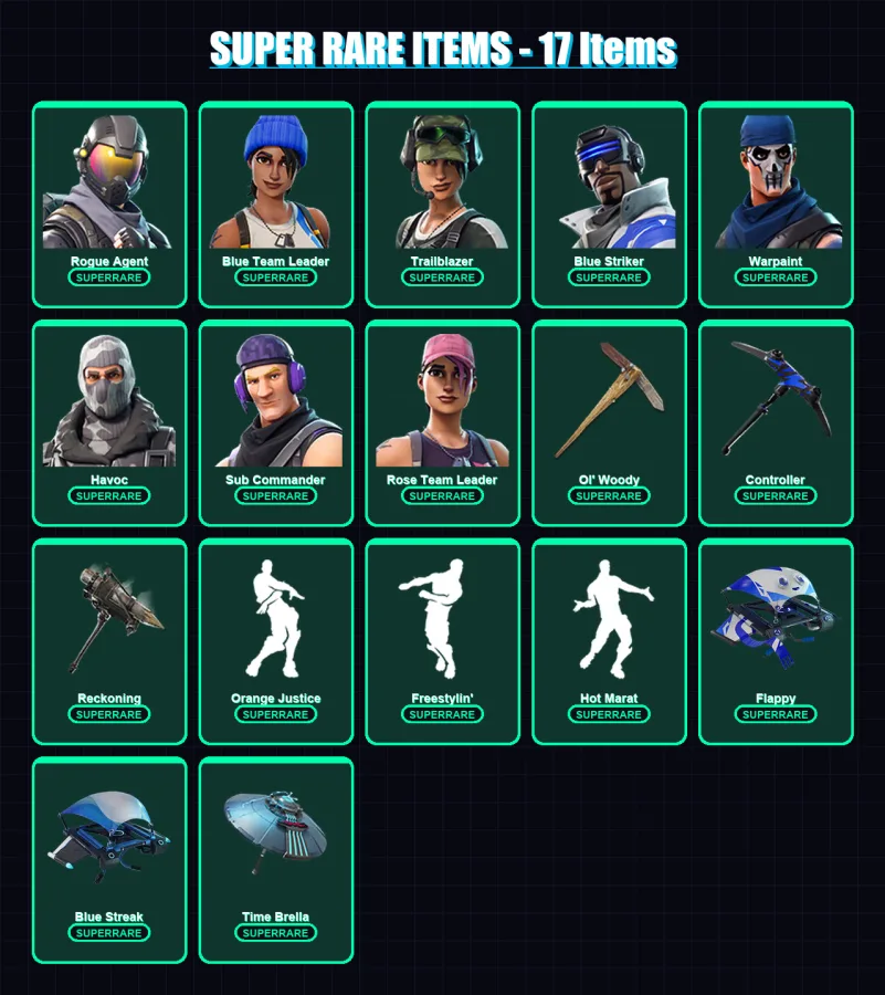 [PC] | Rogue Agent | Blue Team Leader | Trailblazer | Blue Striker | Warpaint | 123 skin | 135 pickaxe | 98 emote | 128 glider | Lv1942