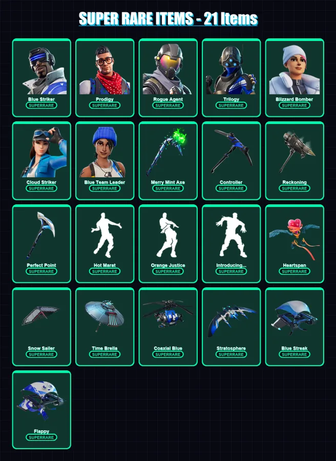 [PS4/PS5/XBOX/PC] | Blue Striker | Prodigy | Rogue Agent | Trilogy | Blizzard Bomber | 94 skin | 122 pickaxe | 149 emote | 113 glider | Lv2037