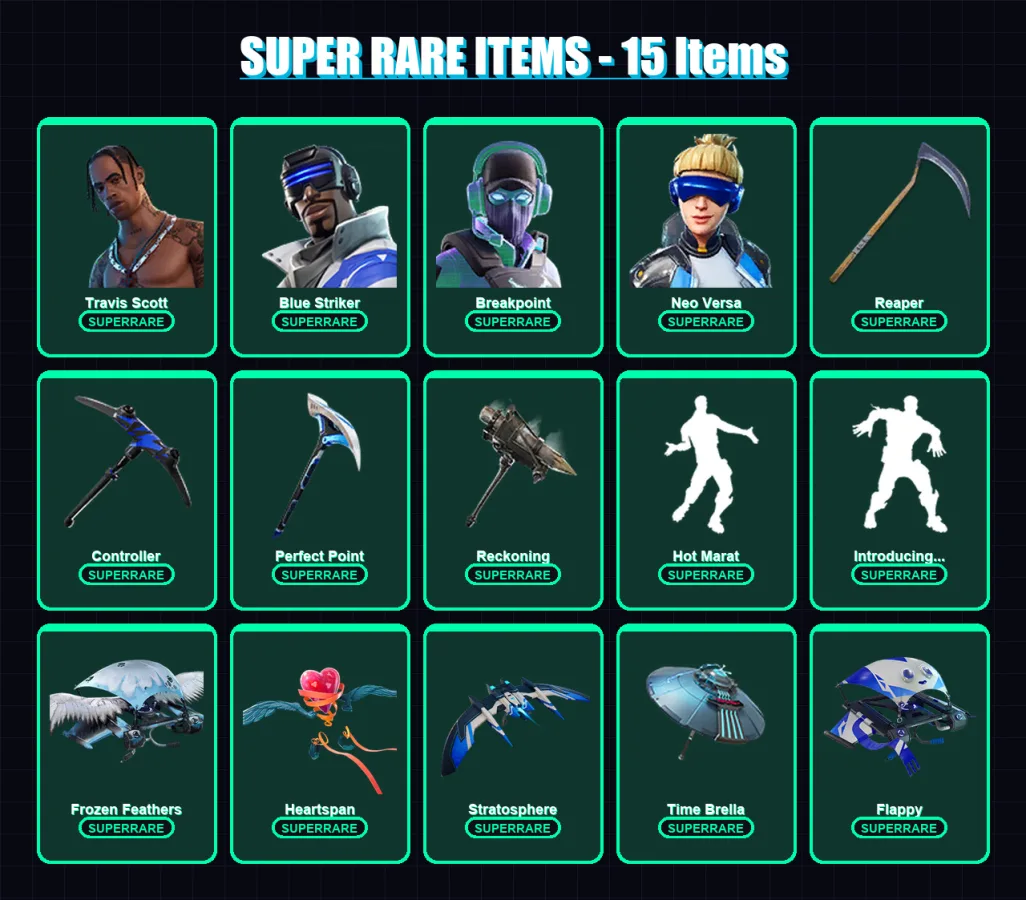 [PC/XBOX/PSN] | Travis Scott | Blue Striker | Breakpoint | Neo Versa | Fallen Love Ranger | 137 skin | 133 pickaxe | 118 emote | 127 glider | Lv2018