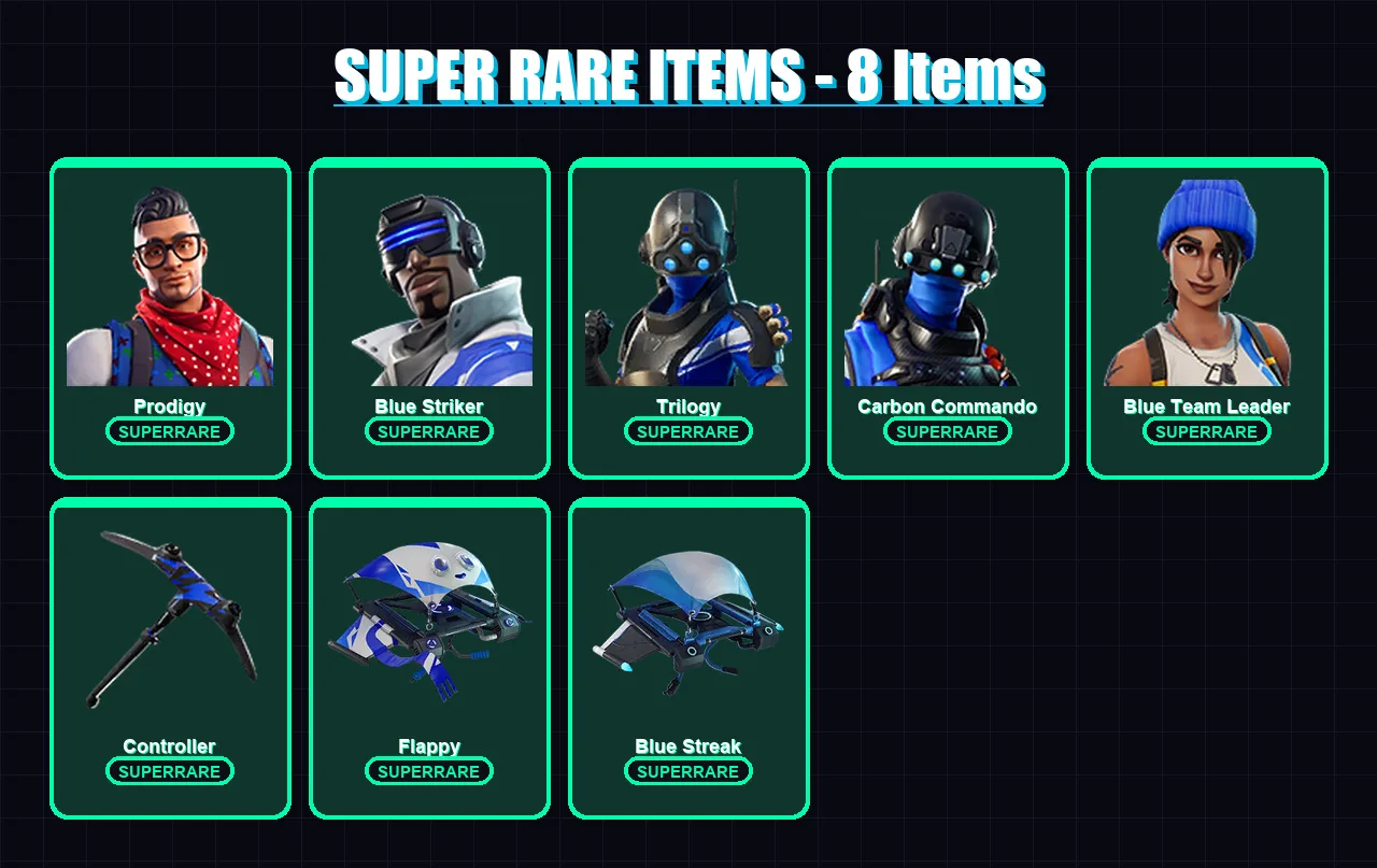 [PS4/PS5/XBOX/PC] | Prodigy | Blue Striker | Trilogy | Carbon Commando | Blue Team Leader | 7 skin | 4 pickaxe | 6 emote | 10 glider | Lv92