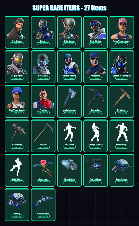 [PC/XBOX] | The Reaper | Trilogy | Elite Agent | Blue Striker | Rose Team Leader | 206 skin | 191 pickaxe | 156 emote | 177 glider | Lv2647