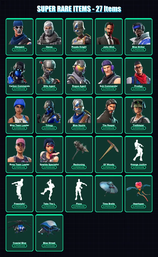[PC/XBOX/PSN] | Warpaint | Havoc | Royale Knight | John Wick | Blue Striker | 97 skin | 69 pickaxe | 91 emote | 71 glider | Lv726