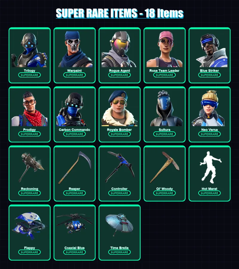 [PS4/PS5/XBOX/PC] | Trilogy | Warpaint | Rogue Agent | Rose Team Leader | Blue Striker | 108 skin | 104 pickaxe | 116 emote | 100 glider | Lv1479