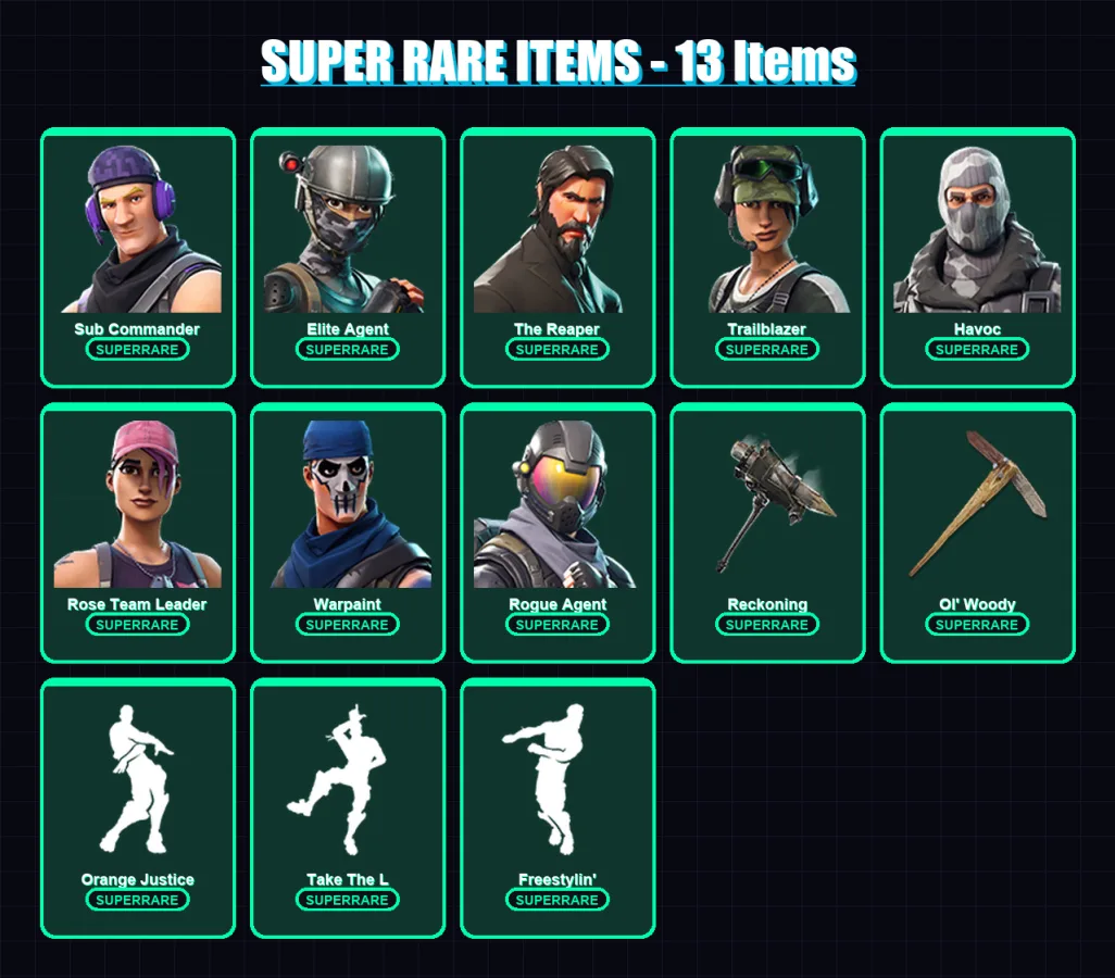 [PC/XBOX/PSN] | Sub Commander | Elite Agent | The Reaper | Trailblazer | Havoc | 50 skin | 40 pickaxe | 53 emote | 43 glider | Lv712