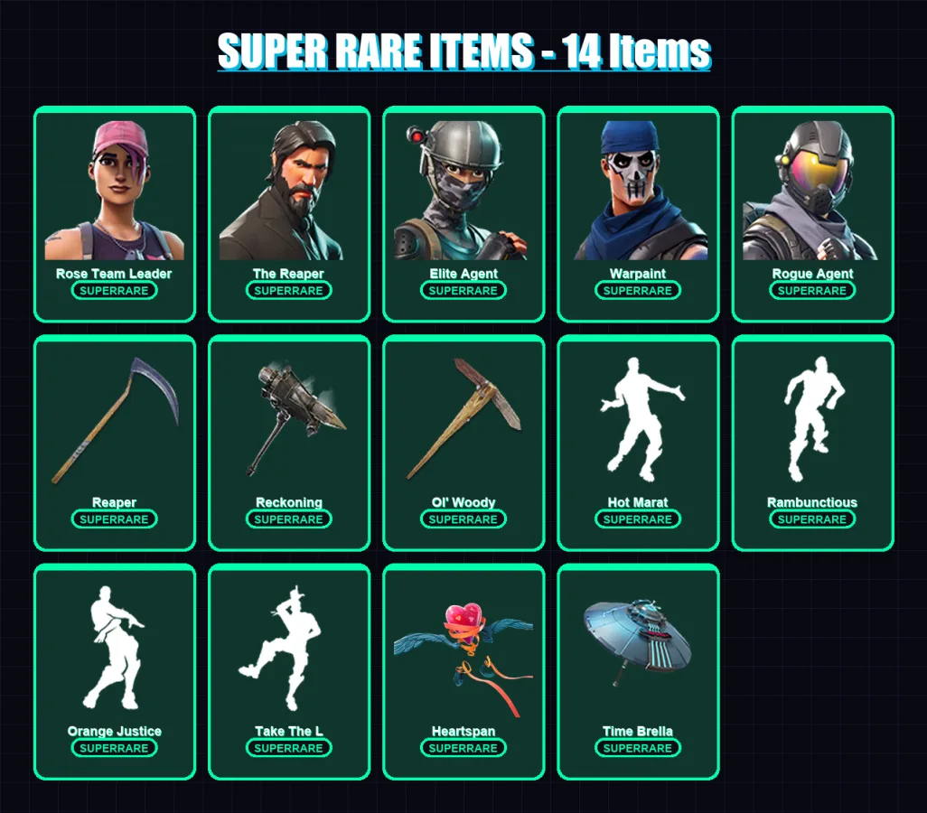 [PC/XBOX/PSN] | Rose Team Leader | The Reaper | Elite Agent | Warpaint | Rogue Agent | 94 skin | 59 pickaxe | 96 emote | 67 glider | Lv690