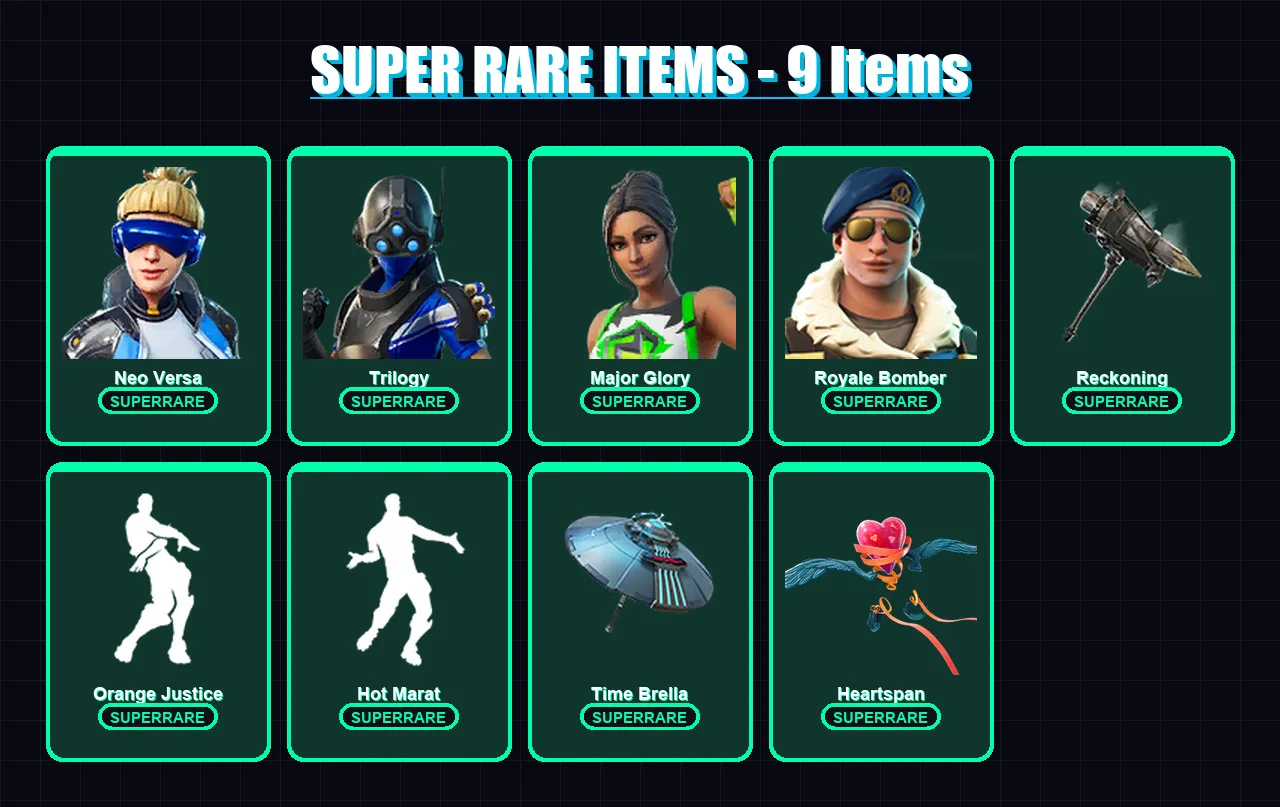 [PS4/PS5/XBOX/PC] | Neo Versa | Trilogy | Major Glory | Royale Bomber | Luxe | 119 skin | 126 pickaxe | 108 emote | 125 glider | Lv2244