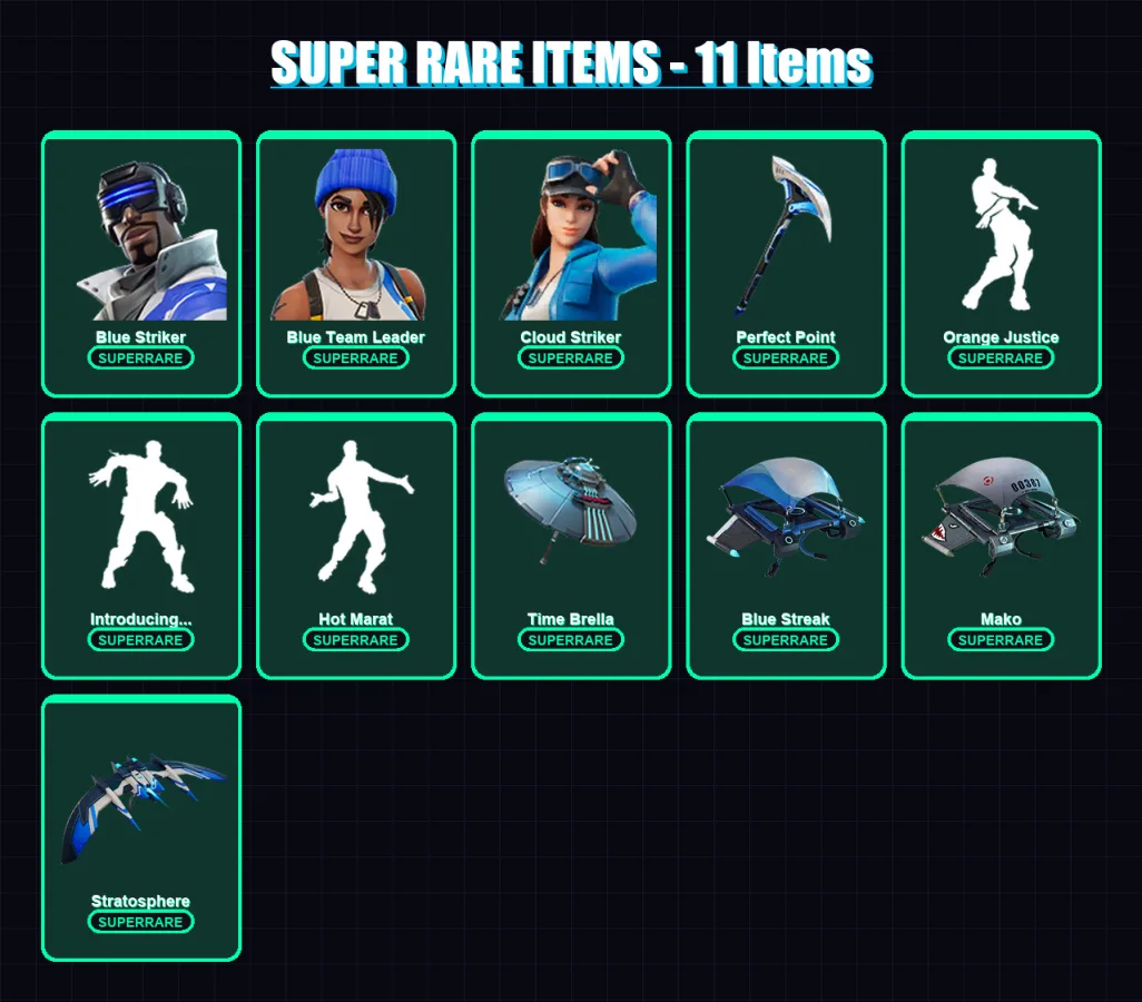 [PS4/PS5/XBOX/PC] | Blue Striker | Blue Team Leader | Cloud Striker | Hybrid | Blackheart | 16 skin | 69 pickaxe | 67 emote | 75 glider | Lv1720