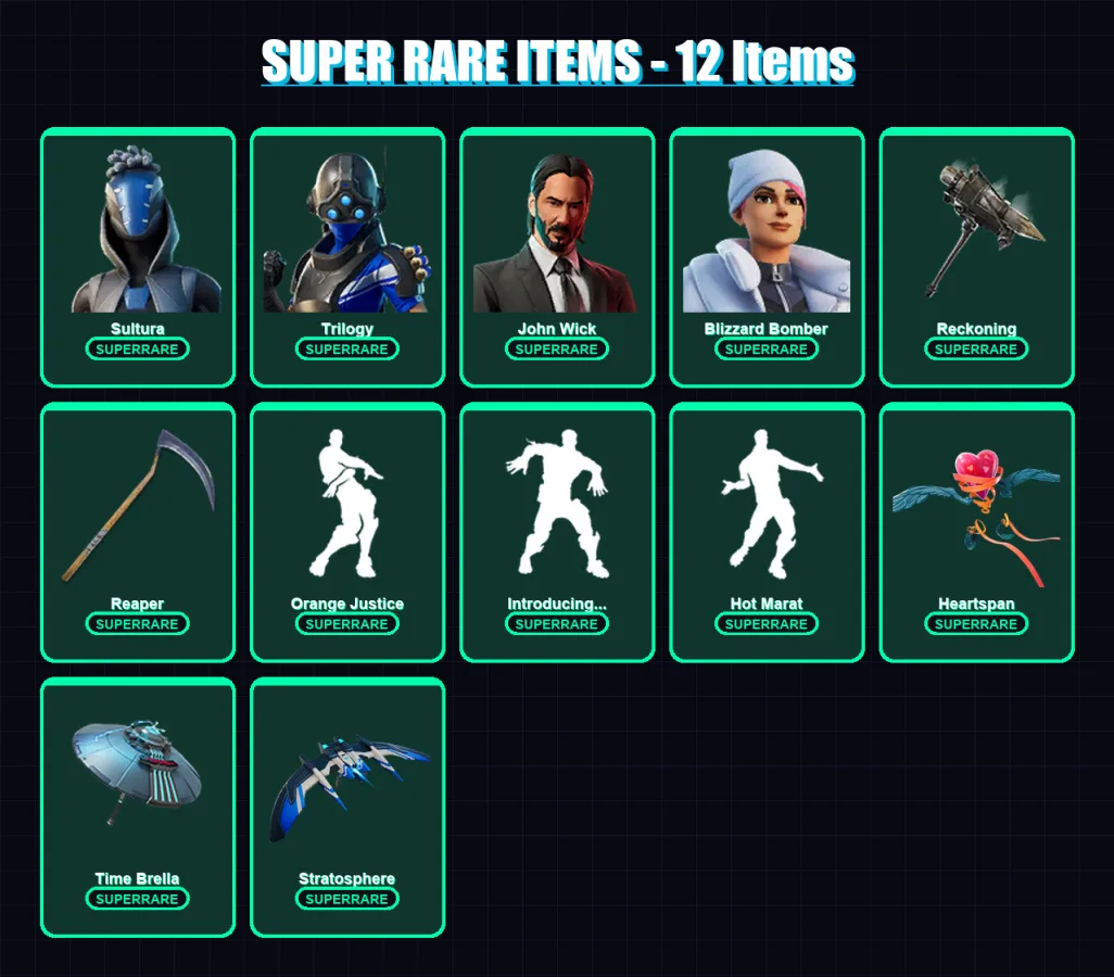 [PS4/PS5/XBOX/PC] | Sultura | Trilogy | John Wick | Blizzard Bomber | Ruin | 126 skin | 170 pickaxe | 138 emote | 151 glider | Lv2101