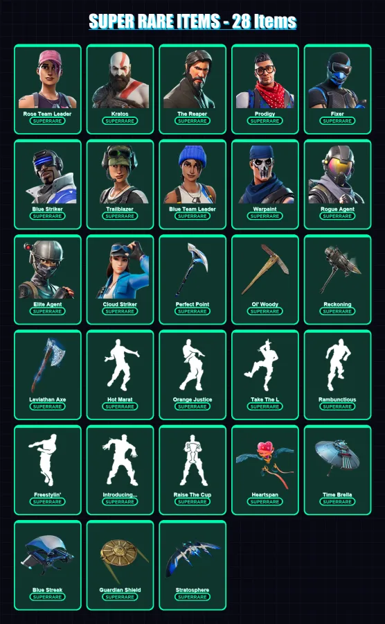 [PS4/PS5/XBOX/PC] | Rose Team Leader | Kratos | The Reaper | Prodigy | Fixer | 219 skin | 209 pickaxe | 167 emote | 175 glider | Lv2499