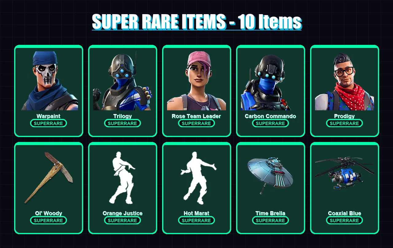 [PS4/PS5/PC] | Warpaint | Trilogy | Rose Team Leader | Carbon Commando | Prodigy | 43 skin | 28 pickaxe | 31 emote | 29 glider | Lv307