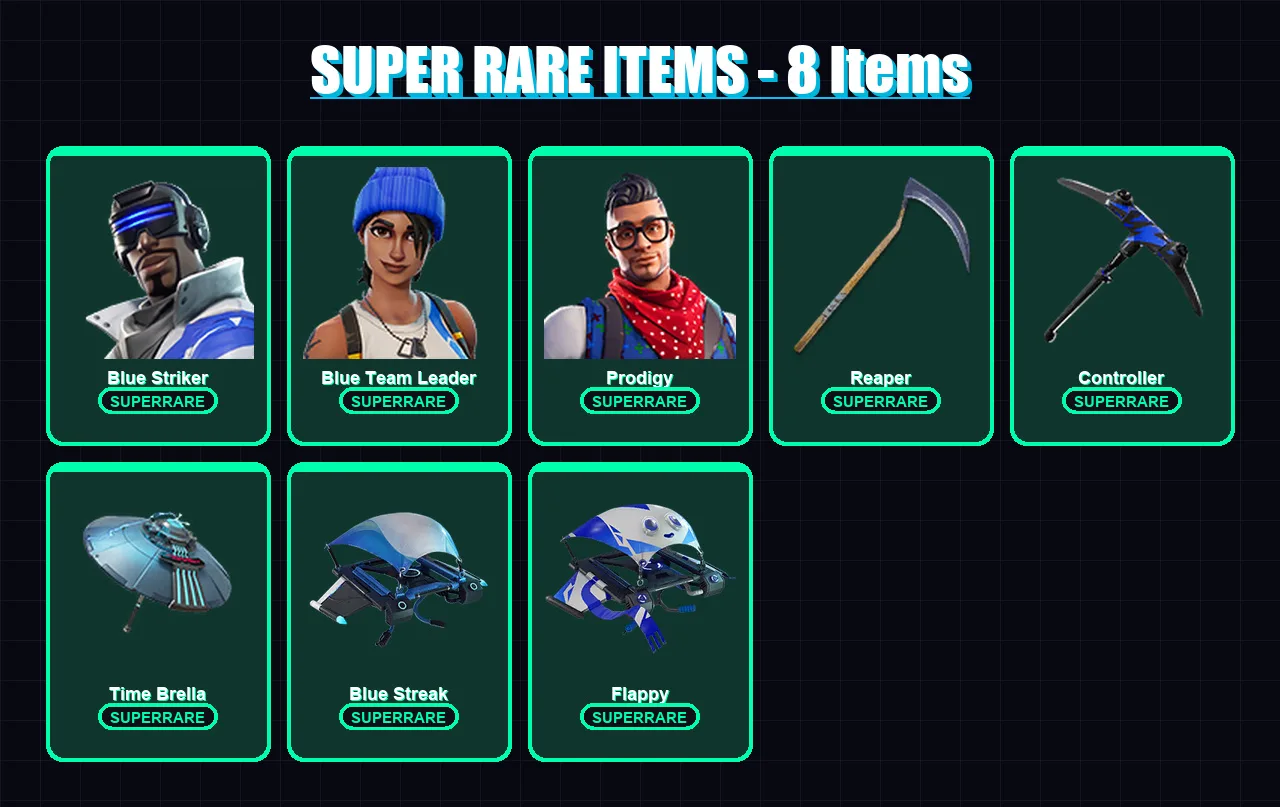 [PC] | Blue Striker | Blue Team Leader | Prodigy | Omegarok | Fade | 25 skin | 39 pickaxe | 33 emote | 52 glider | Lv608