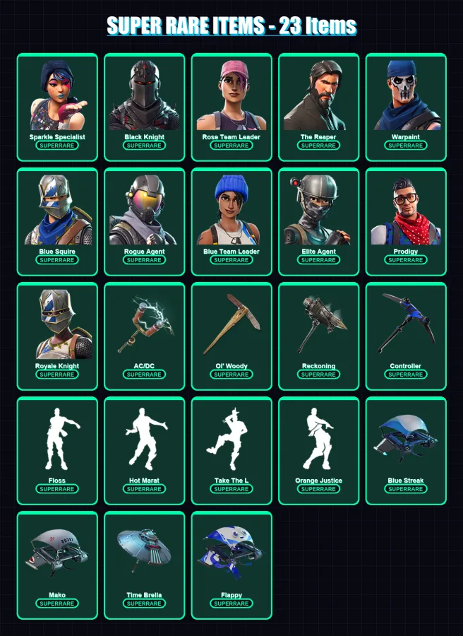 [PS4/PS5/XBOX/PC] | Sparkle Specialist | Black Knight | Rose Team Leader | The Reaper | Warpaint | 65 skin | 36 pickaxe | 59 emote | 50 glider | Lv6
